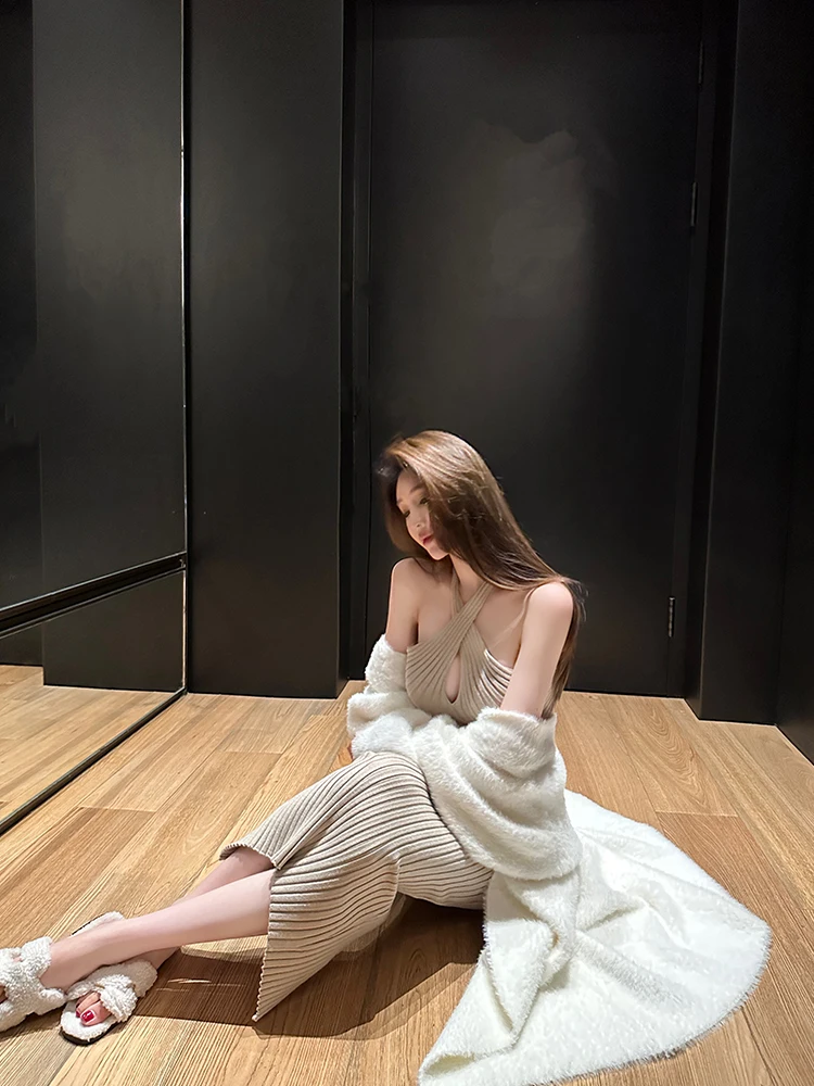 

Chill er Ele Cross-Ne Knitted Dr Bodycon Hollow out Long Skirt Sexy Slim Fit Autumn Winter Season Women's Dr