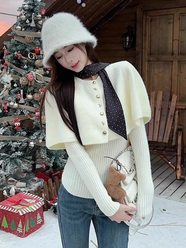 الكورية Sle Cisas موضوع الأحمر عباءة سترة مجموعة المرأة الخريف الشتاء كسول الراقية محبوك بلوزات ومجموعة بوت #4