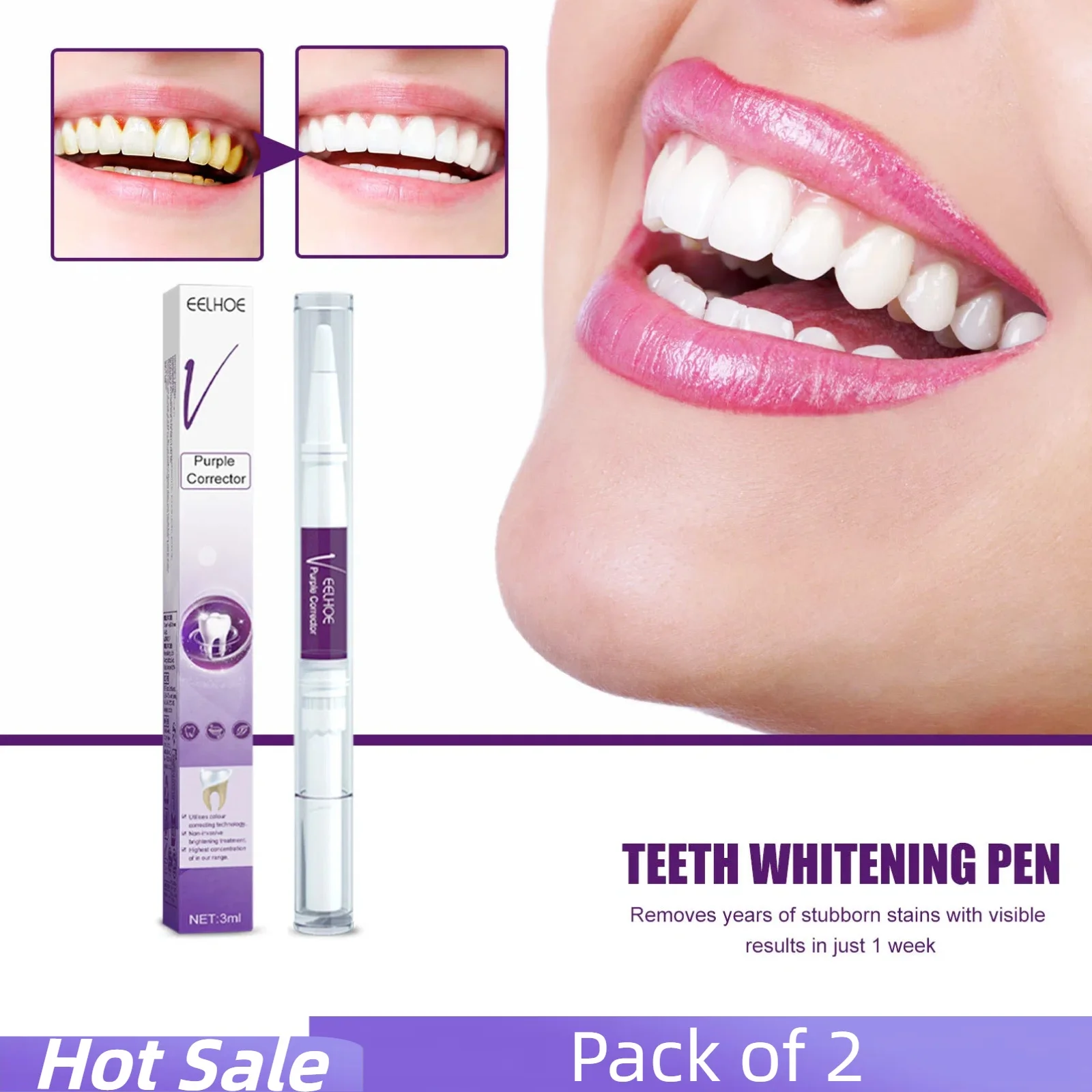 2pcs V34 Purple Teeth Cleaning Gel Pen Teeth Color Corrector,Remove Tooth Stain Yellow Teeth Freshen Breath Oral Care Product