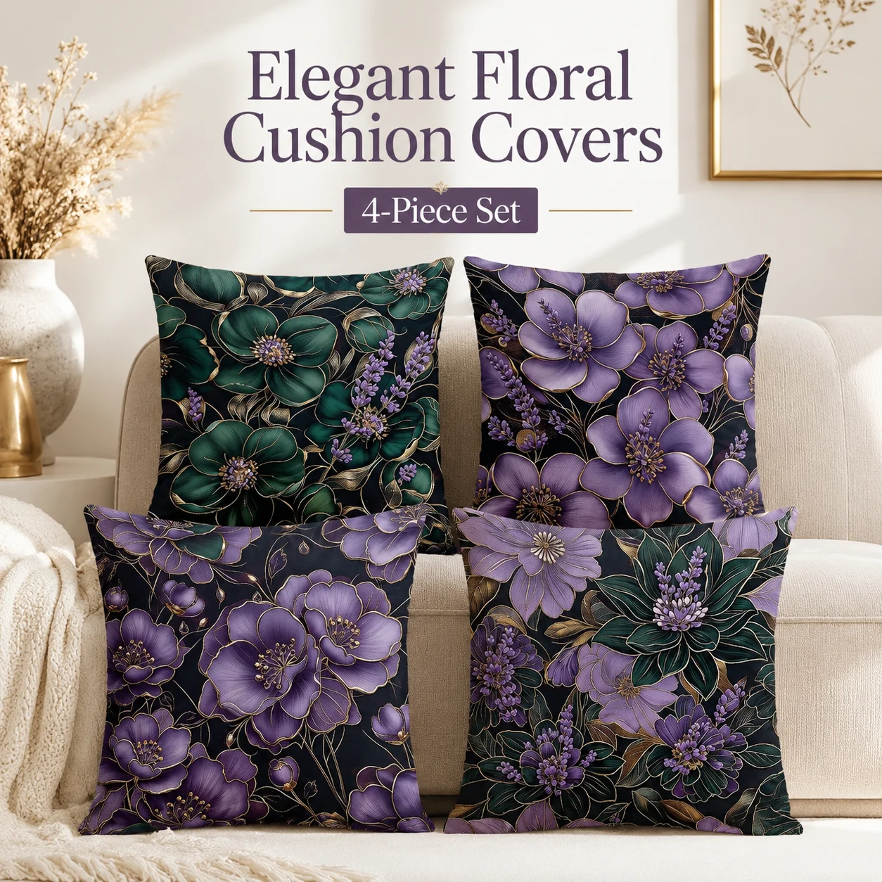 4Pcs Vintage Dark Botanical Cushion Covers 2D Flat Printed Peach Skin Coussin Pillowcase Room Decor Aesthetic Sofa Couch Case