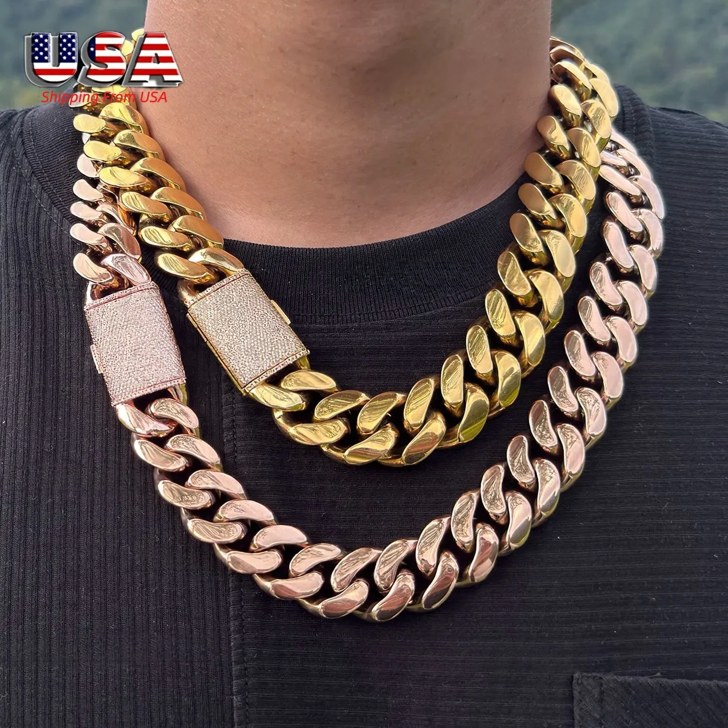 Men's Miami Cuban Link Chain, Heavyweight 316L Stainless Steel with Iced Out Moissanite Clasp, Rose Gold Color Hypoallergenic Never-Fade Finish, 14-22mm Necklaces, Heavy Chain, Chunky Necklace, 18-30 Inch,, Adjustable, Bold Width, Chains