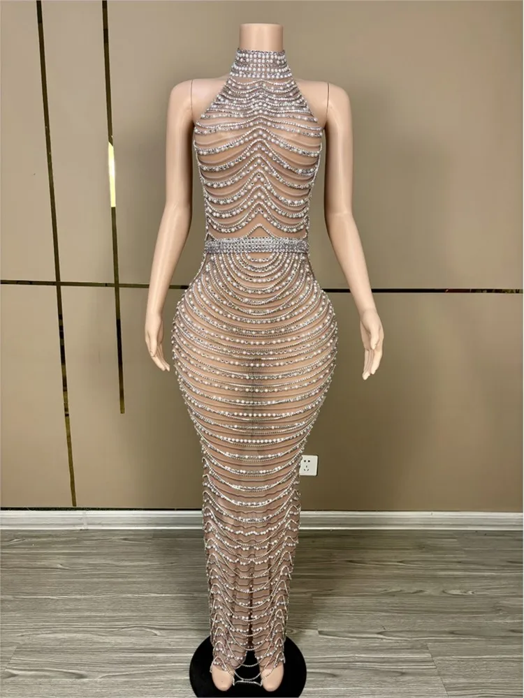 

New Sexy Pearls Rhinestone Chains Woman Evening Party Long Performance Dresses