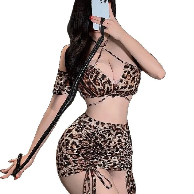 Sexy chita impressão babydoll nightwear fino cetim deslizamento vestido âncora homewear conjunto de lingerie destacável sizzling 2 peça conjunto erótico