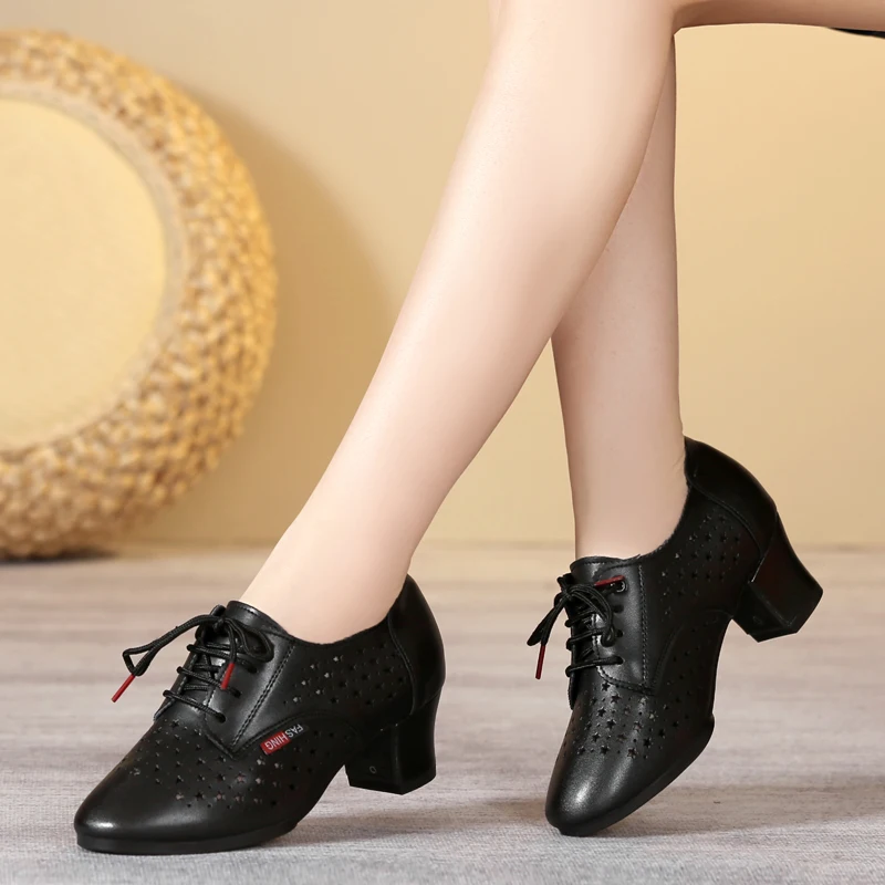 White Modern Dance Shoes Women Hollow Leather Soft Modern Dancing Shoes Woman Square Dance Shoes Sneakers