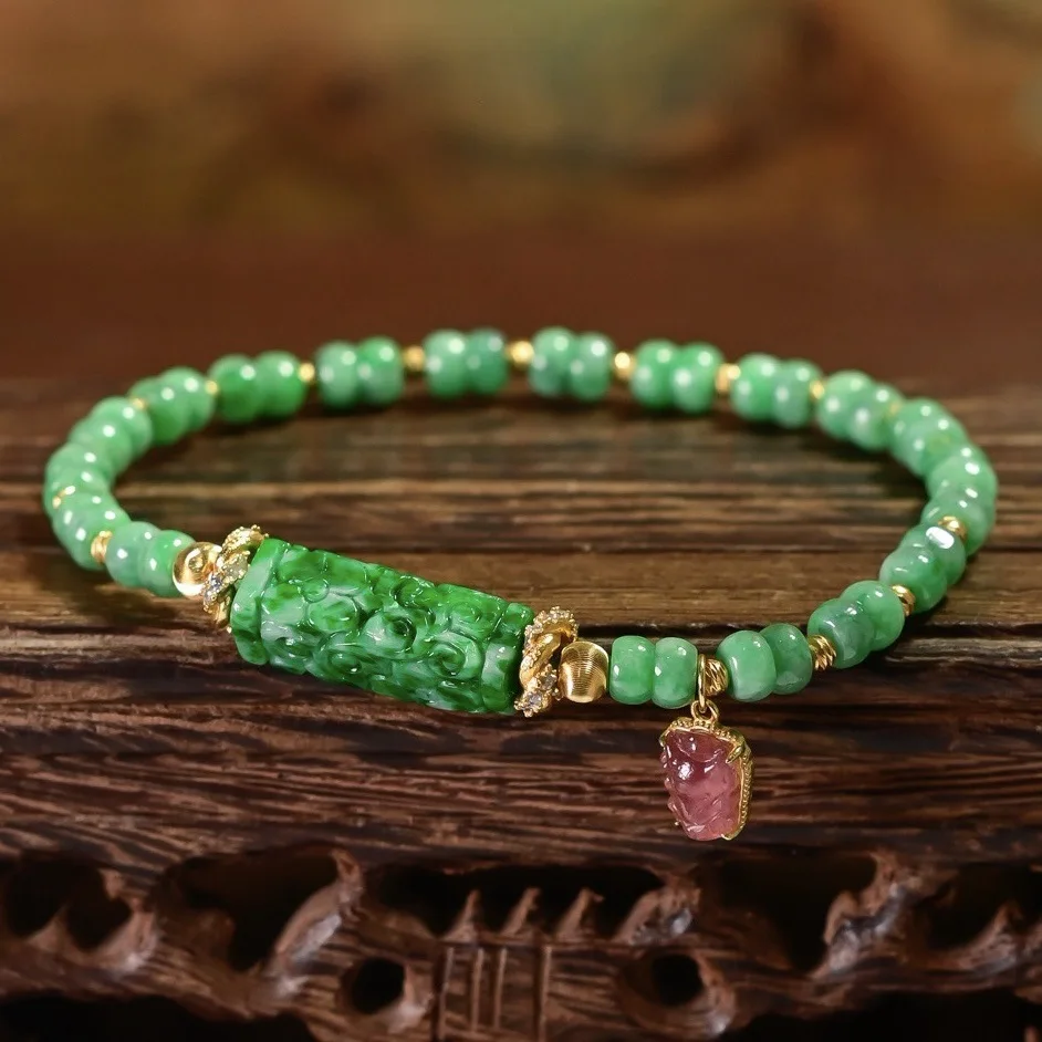 Natural Grade A Jadeite Carved Tube Bracelet S925 Gold Plated Pink Tourmaline Nine-Tailed Fox Charm Women Oriental Lucky Jewelry