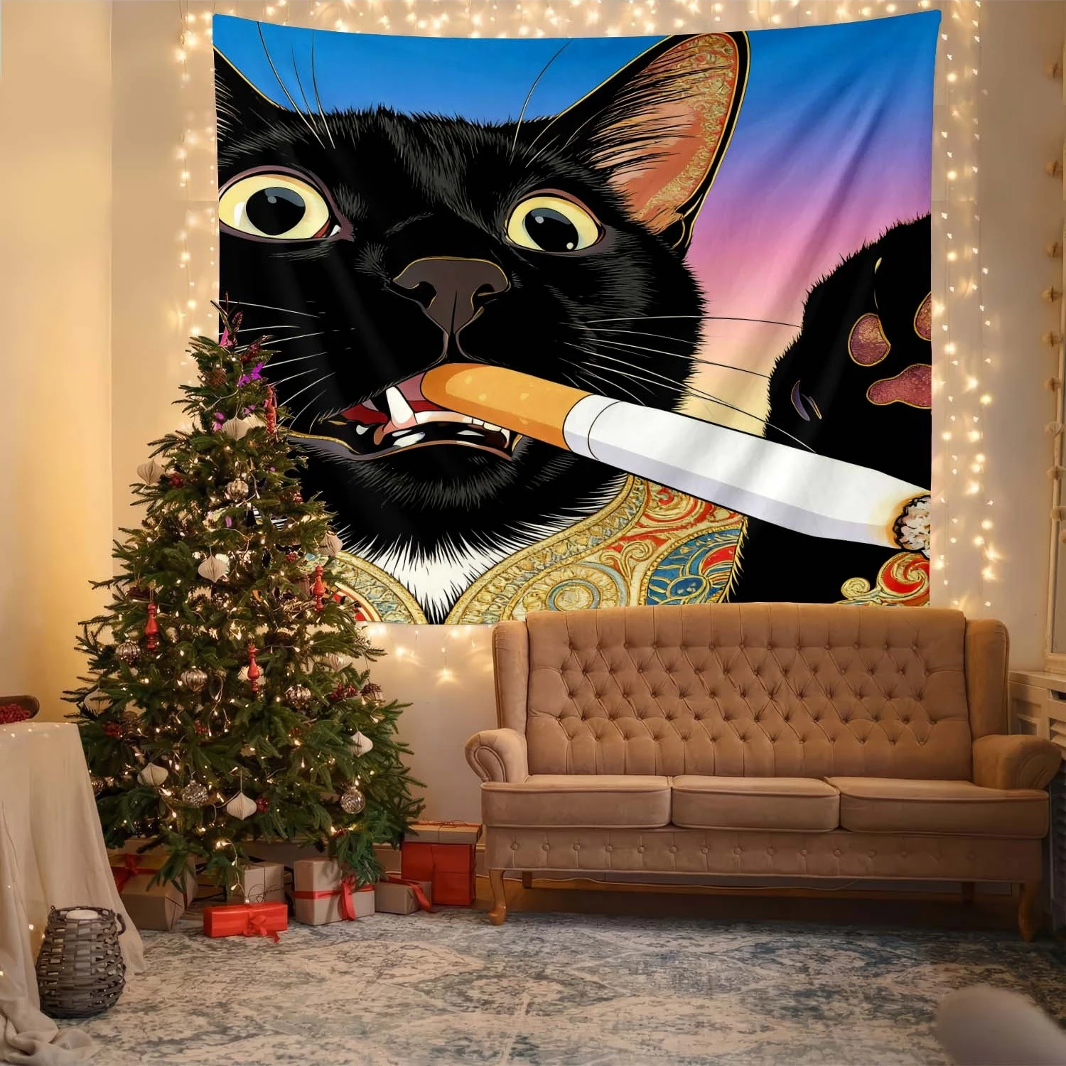 Aesthetic Funny Black Cat Cigar Tapestry Wall Hanging Home Decor Boho Chic Polyester Art Print for Living Room Pet Lover Unique