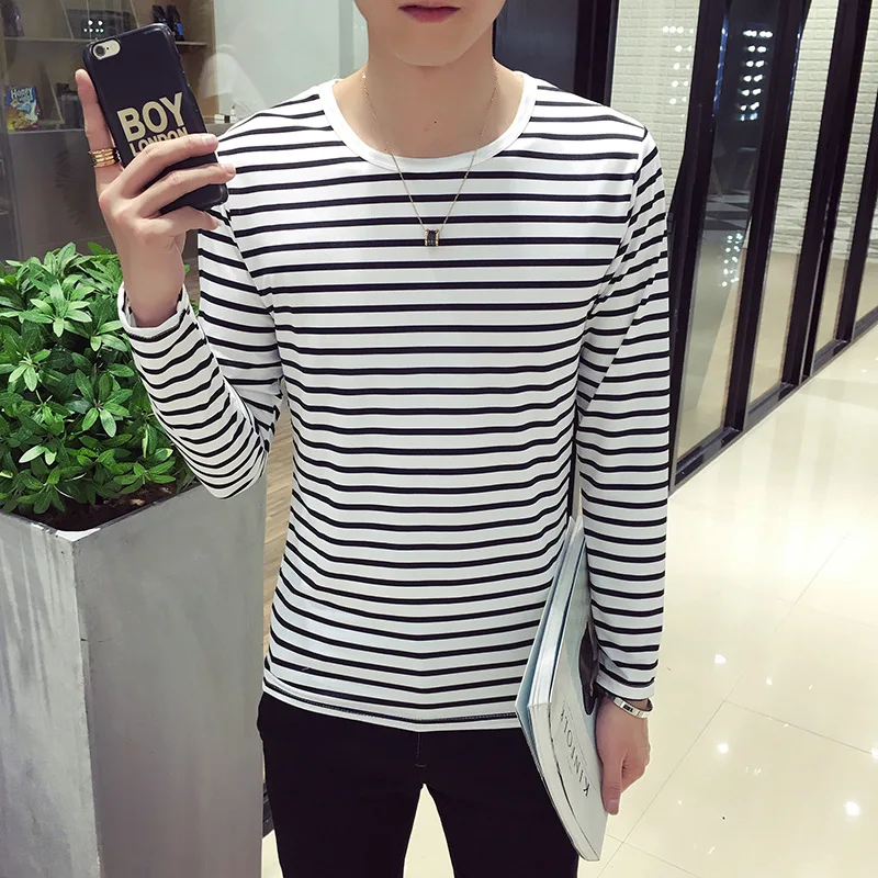 Striped T-shirt Men Long Sleeve Shirt Trendy Black White Striped Tops for Men Harajuku Casual Base Shirt Invisible Undershirt