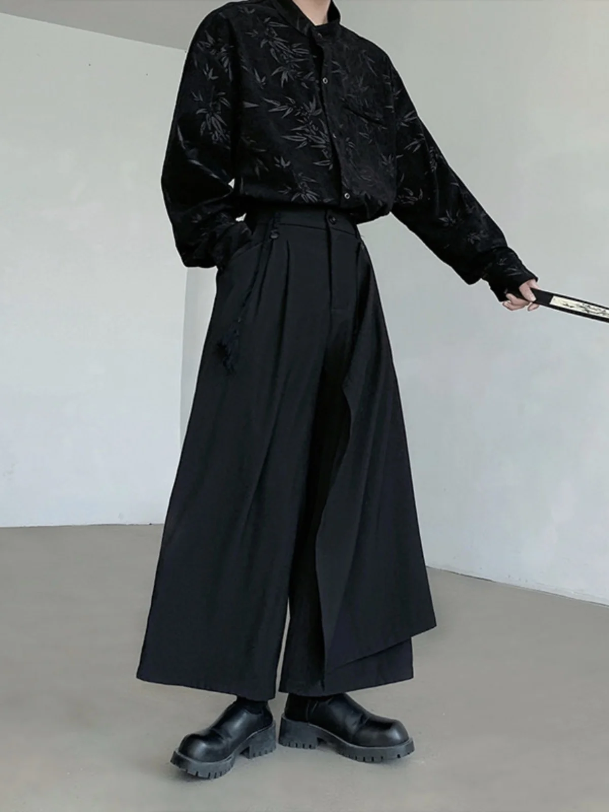 

New Chinese Sle Two-Way Wear Pants Skirt k Series Sambon Splice Wide Leg Loose Bla Long Pants Casual Men's Clothing