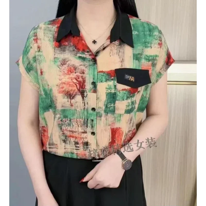 2024 Summer Style Printed Zebra Pattern Women\'s Polo Neck Pocket Fashion Short Sleeve Loose Single Row Multi Button Shirt Tops