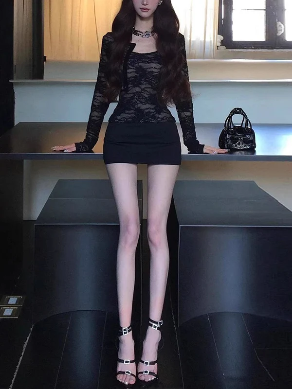 Summer Long Sleeve Lace Splicing Slim Fit Top And Cardigan Two Piece Set for Women High Waist round Neck Micro Elastic Fashio... image 3