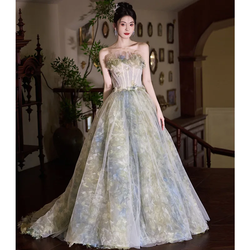 

Luxury Green Lace Evening Dress Off Shoulder A Line Wedding Party Dress Korea Photoshoot Customized Performace Gown 2025 New