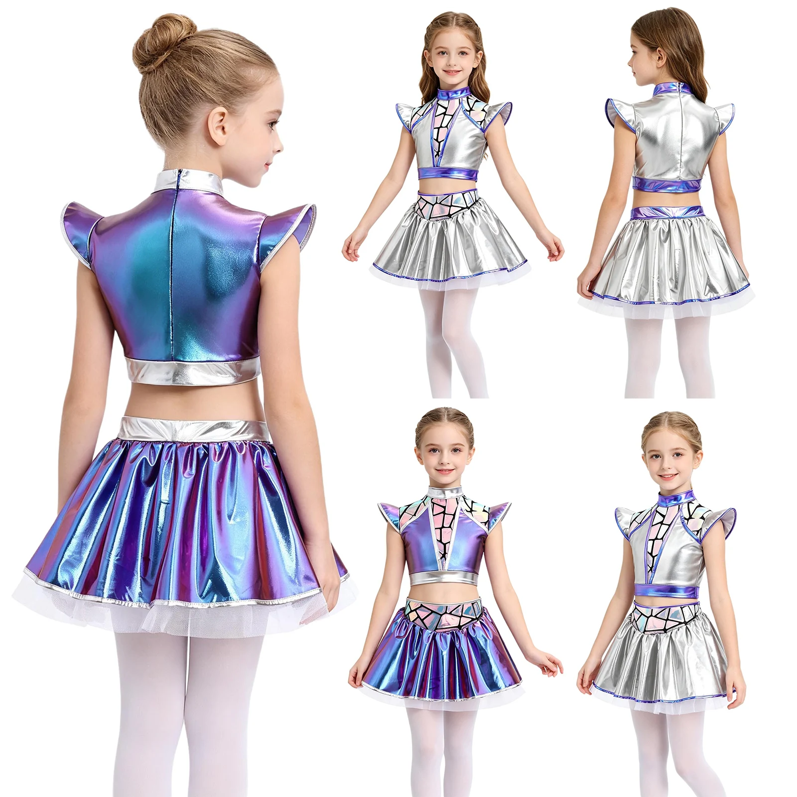 Kids Girls Jazz Dance Costume Set Sleeveless Metallic Leotard Dress for Tap Latin Cha-cha Modern Hip Hop Performance Dancewear - view 2
