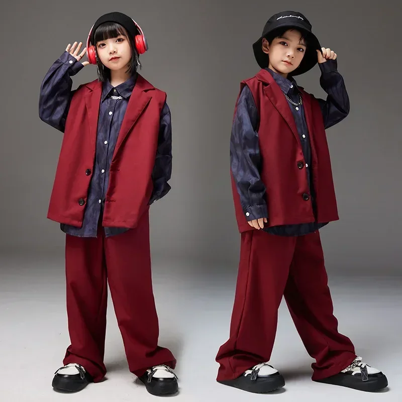 

Youth Dance Suit 6 To 16 Years Kid's Street Fashion Performance Costume Red Vest Pants 2-piece School Girls Group Clothes Set