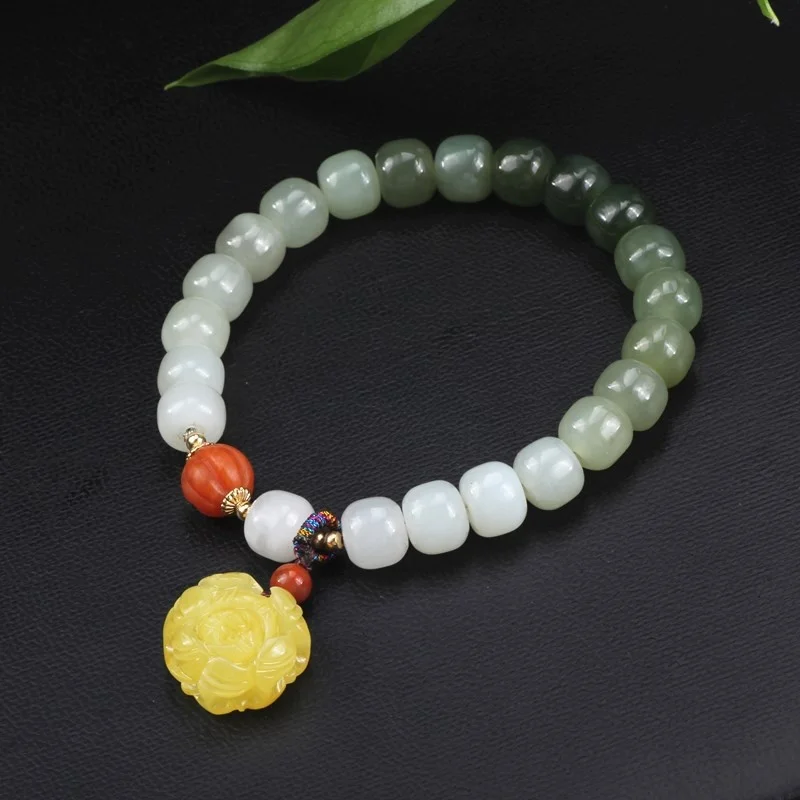 Qiyi Hotan Jade Old Style Bead Handstring Qinghai Material Sapphire Gradient Bracelet Honey Wax Peony Flower