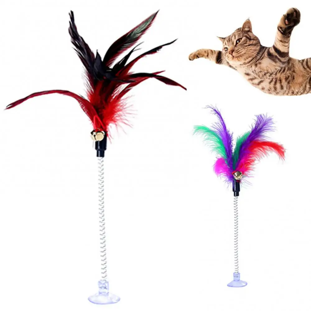 Cat Stick Toy Kitten Playing Teaser Wand Toy Colorful Suction Cup Chicken Feather Bell Spring Interactive Toy Cat Accesorios