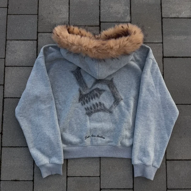 

Y2K Harajuku Zip Up Hoodie Fur Trim Skull Graphic Print Gothic Streetwear Casual Winter Top Trendy Casual Men Women Streetwear