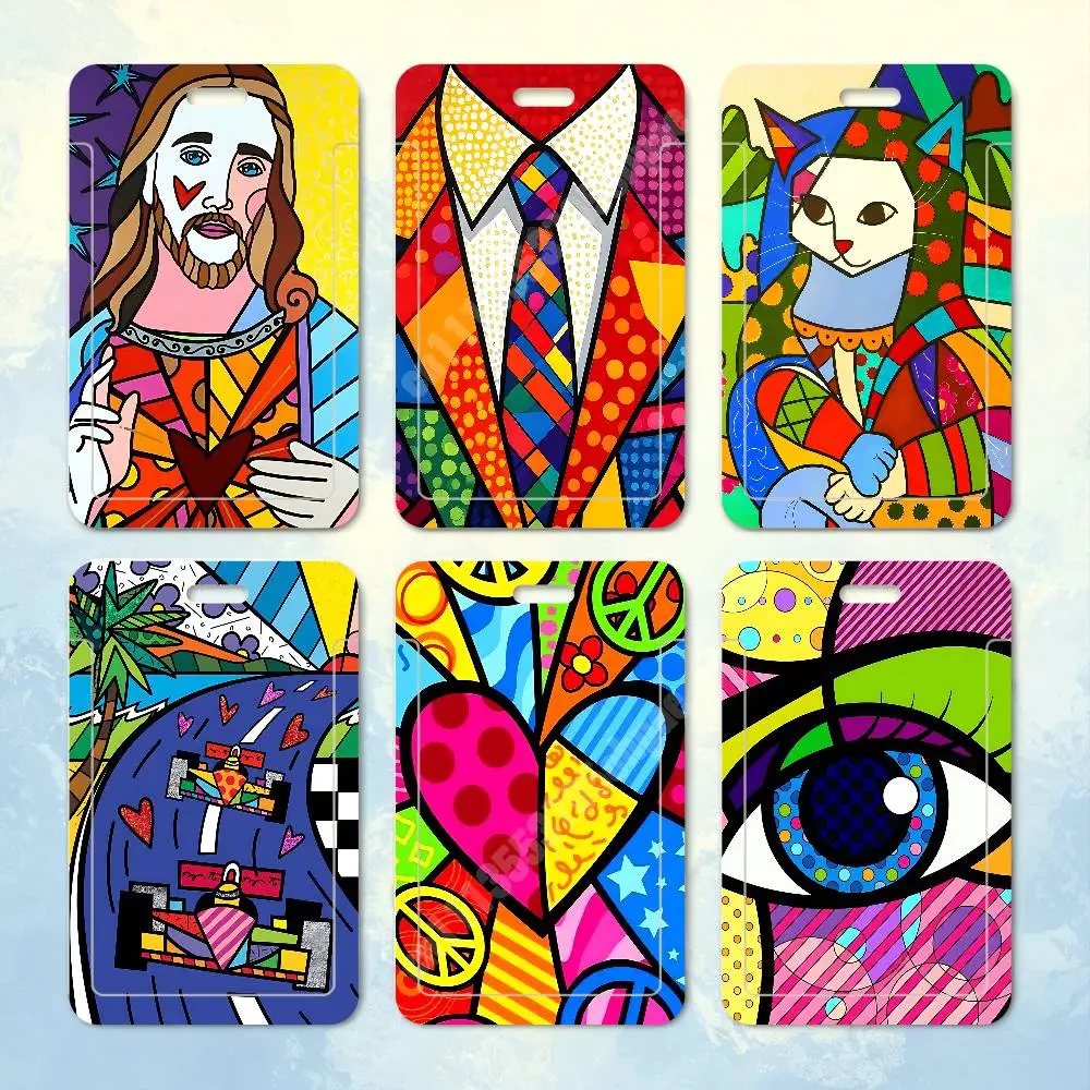 R-Romero Britto-S Style Painting Plastic Card Holder Staff ID Card Clear Transparent Campus Access Name Tag