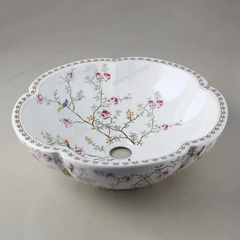 

Настольная керамическая раковина для ванной комнаты, круглая, в форме лепестка, с узором в виде цветов и птиц, с краном
