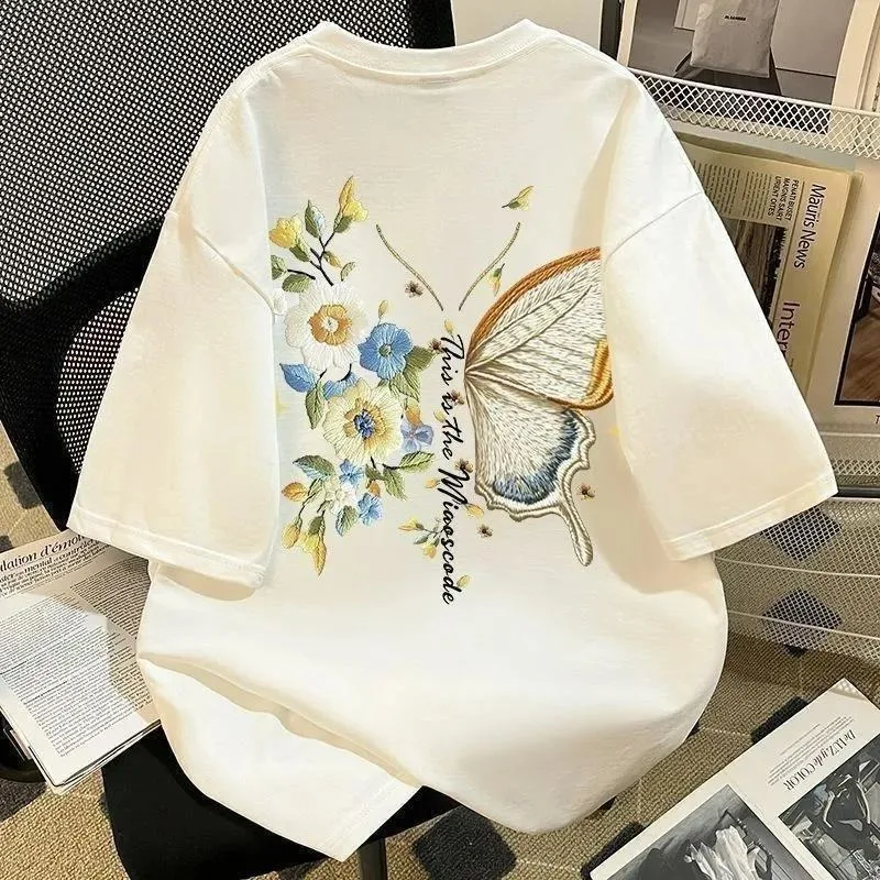 

New Faux Embroidered Orchid and Butterfly Print Pure Cotton Short-sleeved and Half-sleeved Summer Tops for Men and Women Style