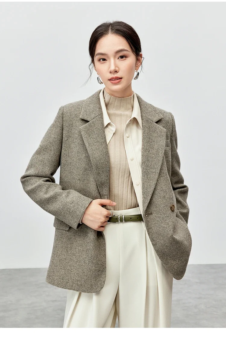 SENTUBILA Texture Wool Blazers Women 2024 Winter Loose Notched Collar Double Breasted Formal Work Office Blazers 144X57522