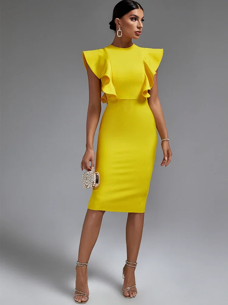 Yellow Bandage Dress Women Midi Party Dress Bodycon Elegant Ruffle Sexy Evening Birthday Club Outfits Summer 2023