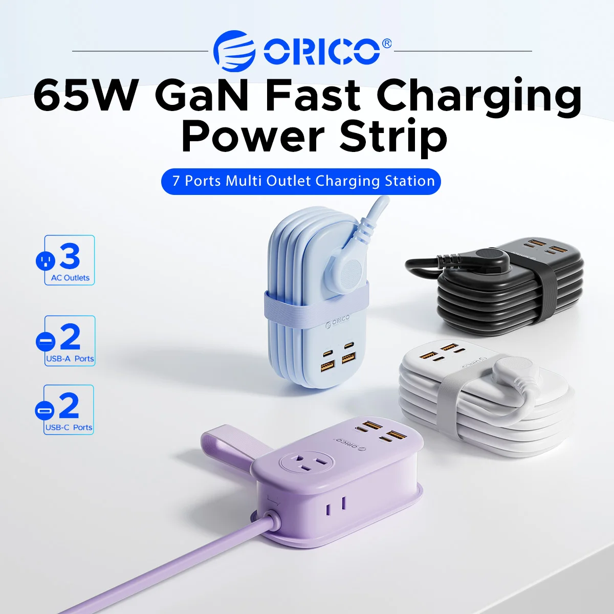 ORICO 65W GaN Travel Power Strip 7-in-1 Portable Charging Station 2USB-C+2USB-A+3AC Outlets Multi Port Fast Charger for Laptop P