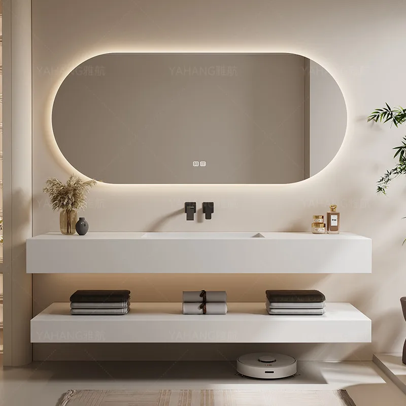 

modern bathroom smart mirror with light Slanted Basin Bathroom Vanity Set with Integrated Stone Slab Single/Dual Basin Vanity