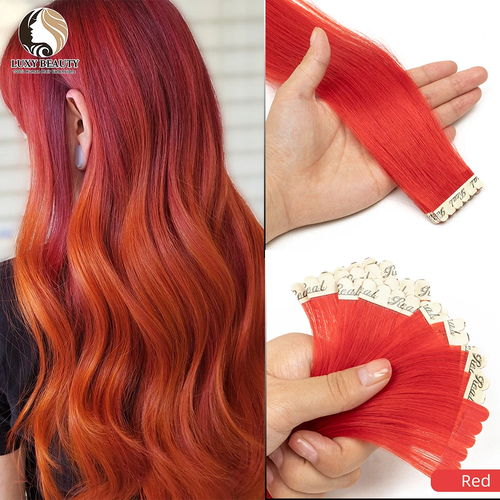 Mini cinta de colores en extensiones de cabello humano, adhesivo Invisible de trama de piel, cinta rosa, púrpura, azul y roja en extensiones de cabello, 10 unidades por paquete