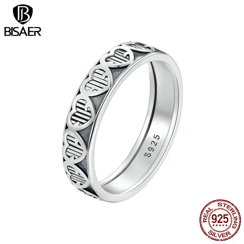 BISAER Real 925 Sterling Silver Vintage Heart Ring Embossed Promise Wedding Bands for Women Party Fashion Jewelry Gift ECR964