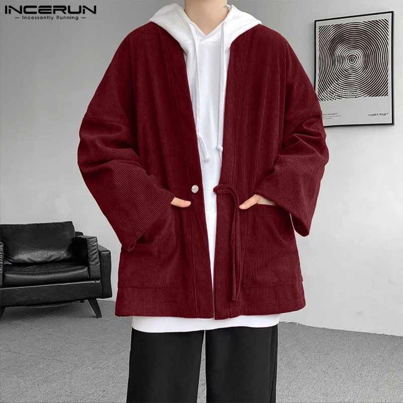 

INCERUN Мужская рубашка сплошной цвет с v-образным вырезом и длинным рукавом кардиган мужская уличная одежда оверсайз корейский стиль модная повседневная мужская одежда S-5XL