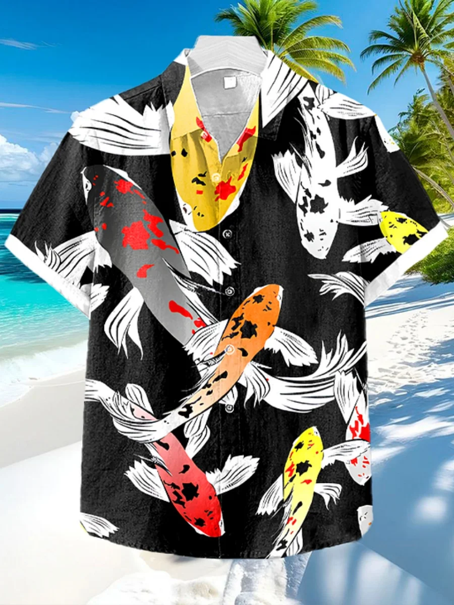 

Новые летние мужские гавайские рубашки 2026 года с принтом кои, с коротким рукавом, свободного кроя, для отпуска и пляжа, модные повседневные топы больших размеров XS-6XL