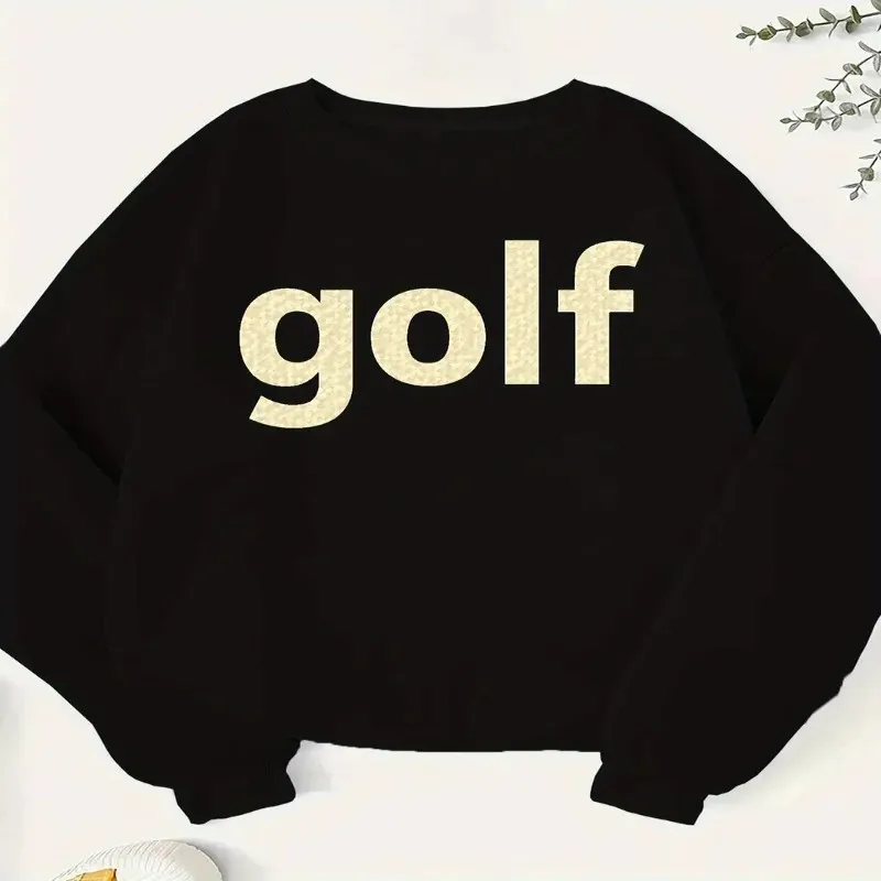 

Golf Bold Cream Letters Women Plus Size Casual Sweatshirt Vintage Y2k Clothes Graphic Tees Long Sleeve Cotton O Neck Comfort