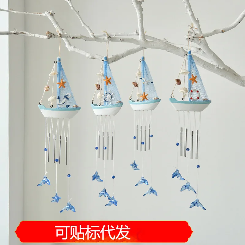 Mediterranean Style Wind Chime Wooden Sailboat Hanging Decor Creative Handmade Home