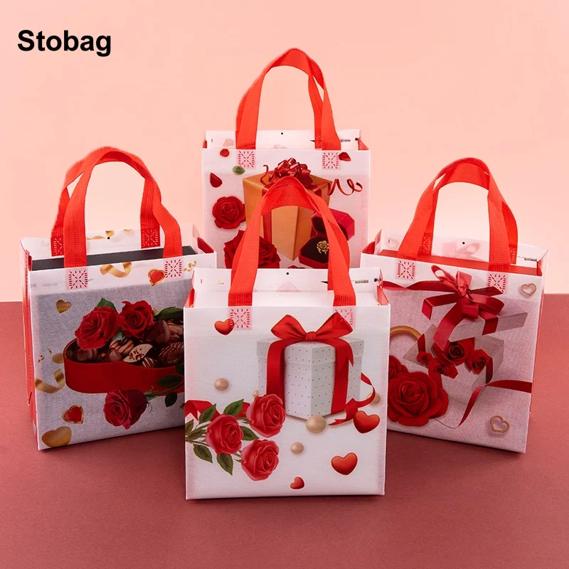 StoBag 8/20pcs Non-woven Gift Tote Bags Valentine's Day Fabric Package Wedding Waterproof Storage Reusable Pouch Birthday Party