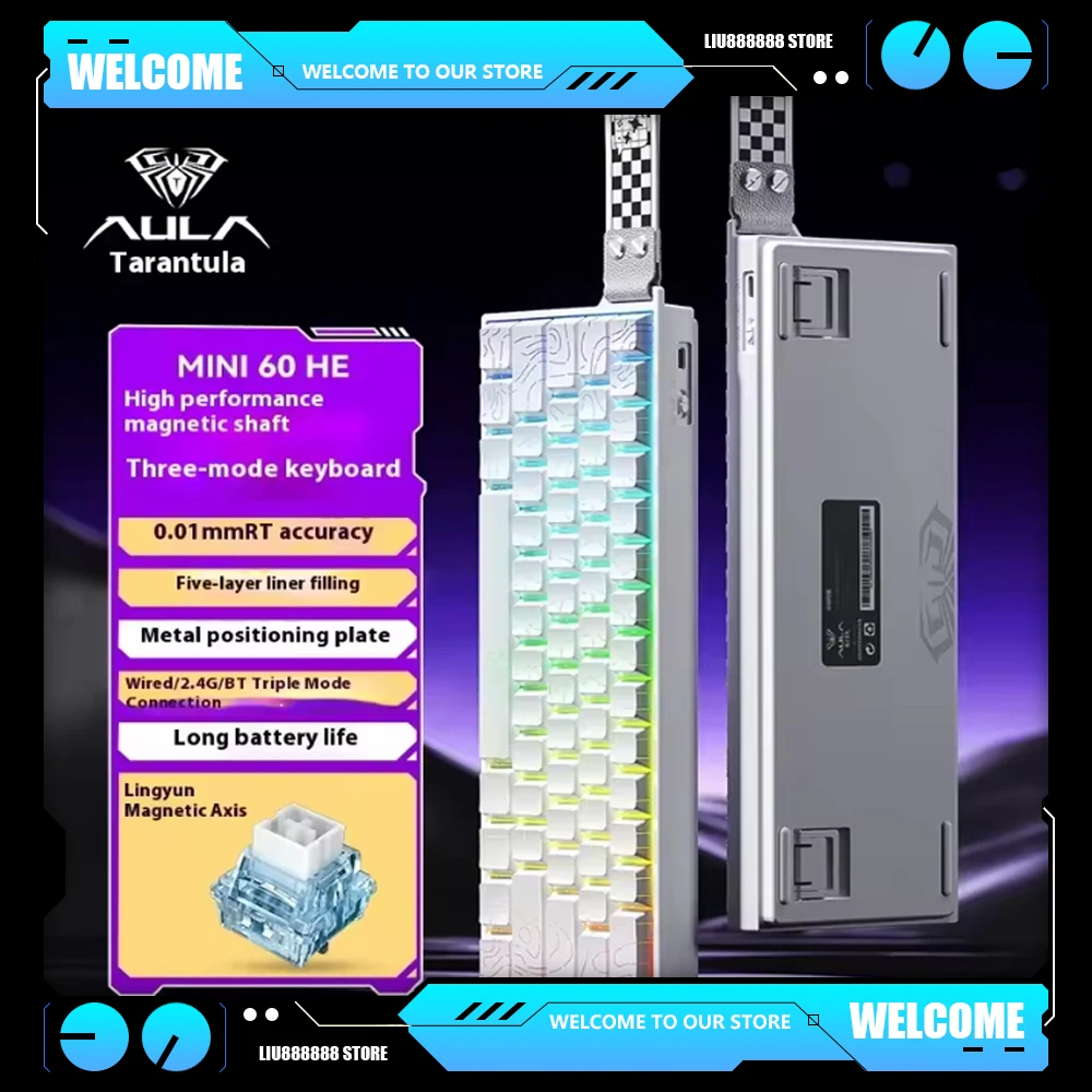 

AULA MINI 60HE Pro Series Клавиатура с магнитным переключателем, трехрежимная клавиатура для киберспортивных игр RGB RT0,01 мм, скорость сканирования 8K, срок службы батареи 4000 мАч