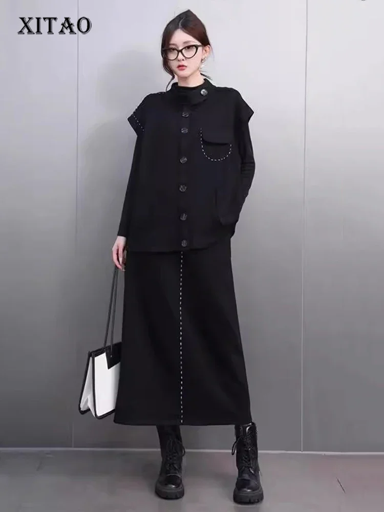 

XITAO Single Breasted Patchwork Dress Sets Solid Color O-neck Loose Casual Vest Top Elastic Waist Fashion All Match GMM1233