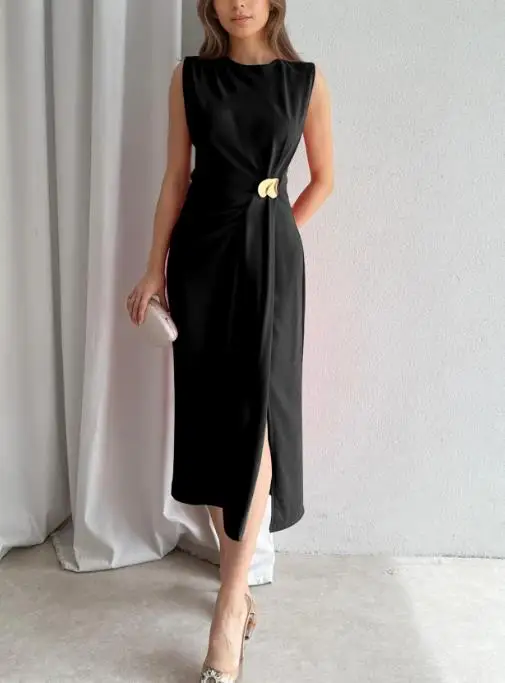 

2026 New Women's Elegant Sexy Dresses Pleated Accessories with Slit and Sleeveless Casual Solid Color Fashionable Long Skirt