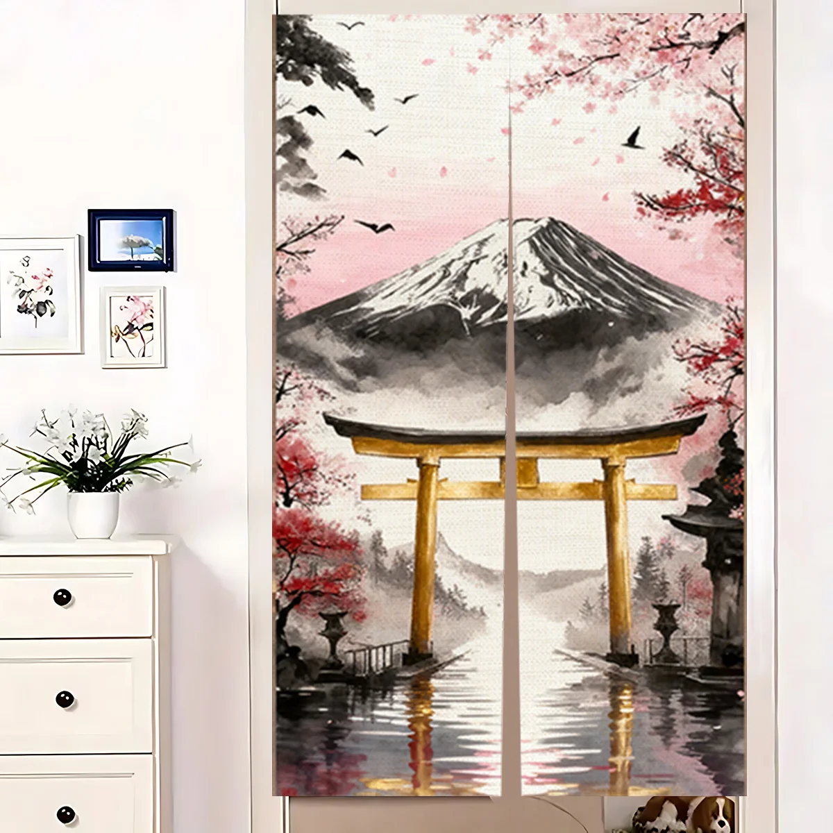 Japanese Noren Curtain Torii Gate Mount Fuji Cherry Blossom Water Reflection Door Decor