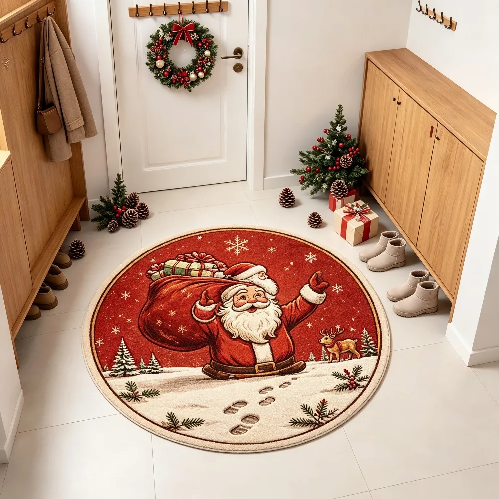 Cute Christmas Velvet Round Carpet Winter Green Snowflake Red Fruit Christmas Fur Area Rug for Home Decor
