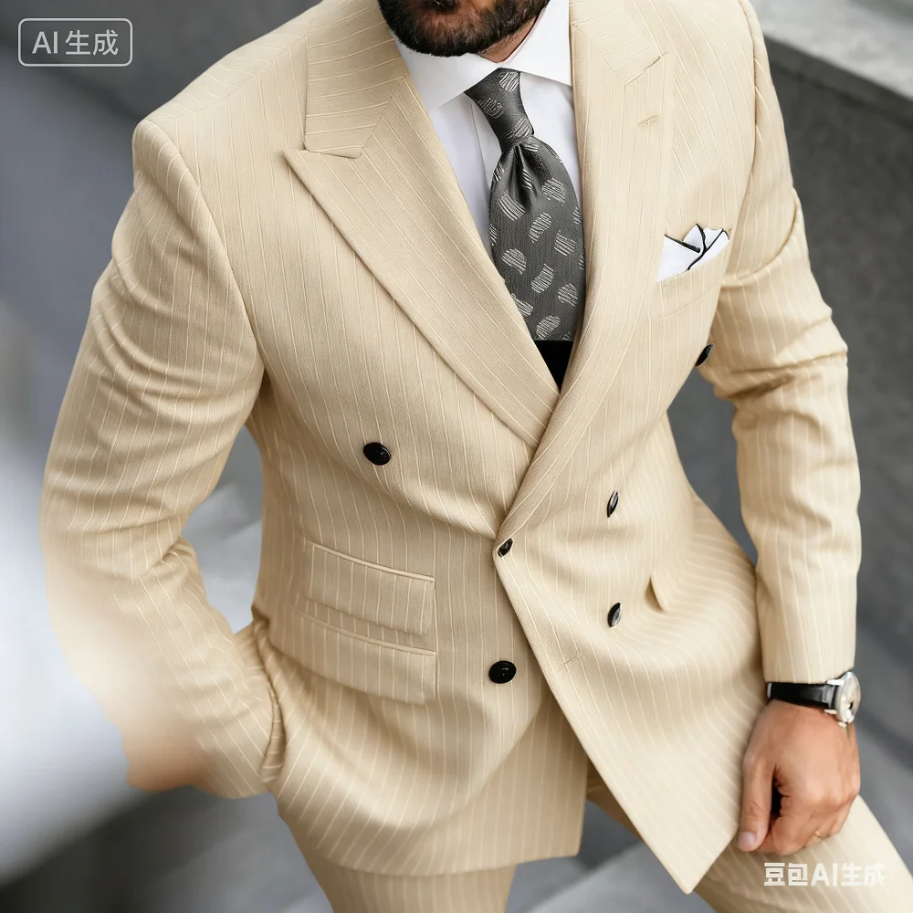 

Men's Striped Grey Terno Set - 2 Piece Suit Jacket And Pants Formal Wear for Wedding Dance Dinner Trench Coat Style