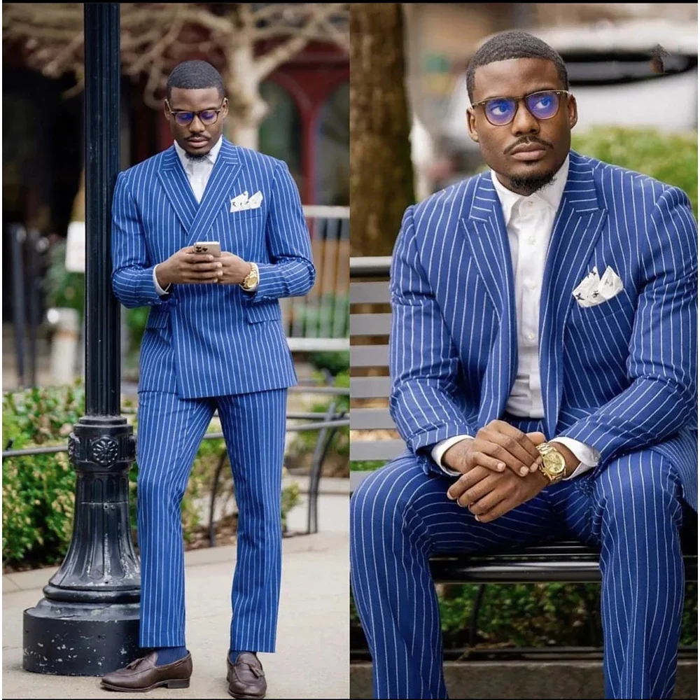 

Blue Striped Suits for Men 2 Piece Fashion Peak Lapel Single Button Male Suit Slim Formal Business Wedding Tuxedo (Jacket+Pants)