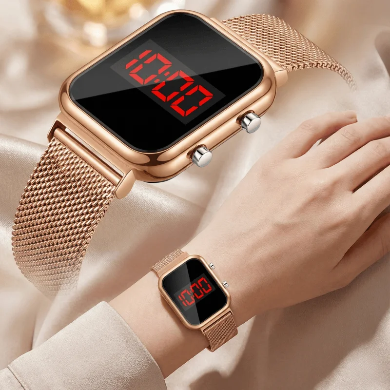 Orologi digitali a LED rettangolari con fibbia magnetica alla moda Orologio da polso elettronico da donna con cinturino in maglia metallica di lusso da donna