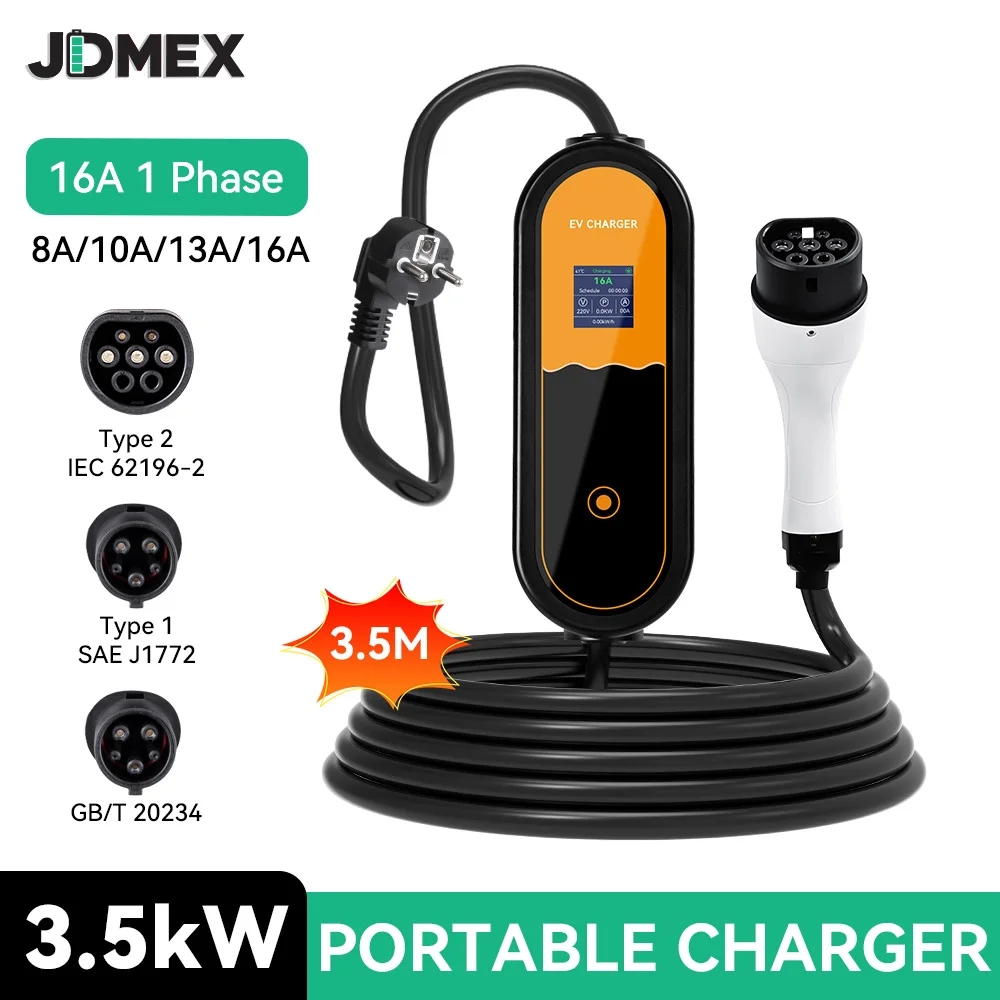 

JDMEX 3.5KW Portable EV Charger Type2 Type1 GBT Car Charger 8A 10A 13A 16A Fast Charging EVSE Wallbox 3.5M for Electric Vehicle