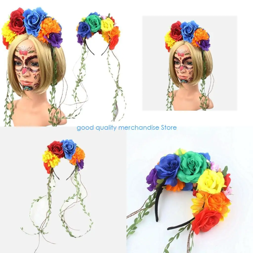

Y5JD повязка для волос с цветком на Хэллоуин, тонкая боковая повязка для волос с листьями, кисточкой, милая повязка на голову в