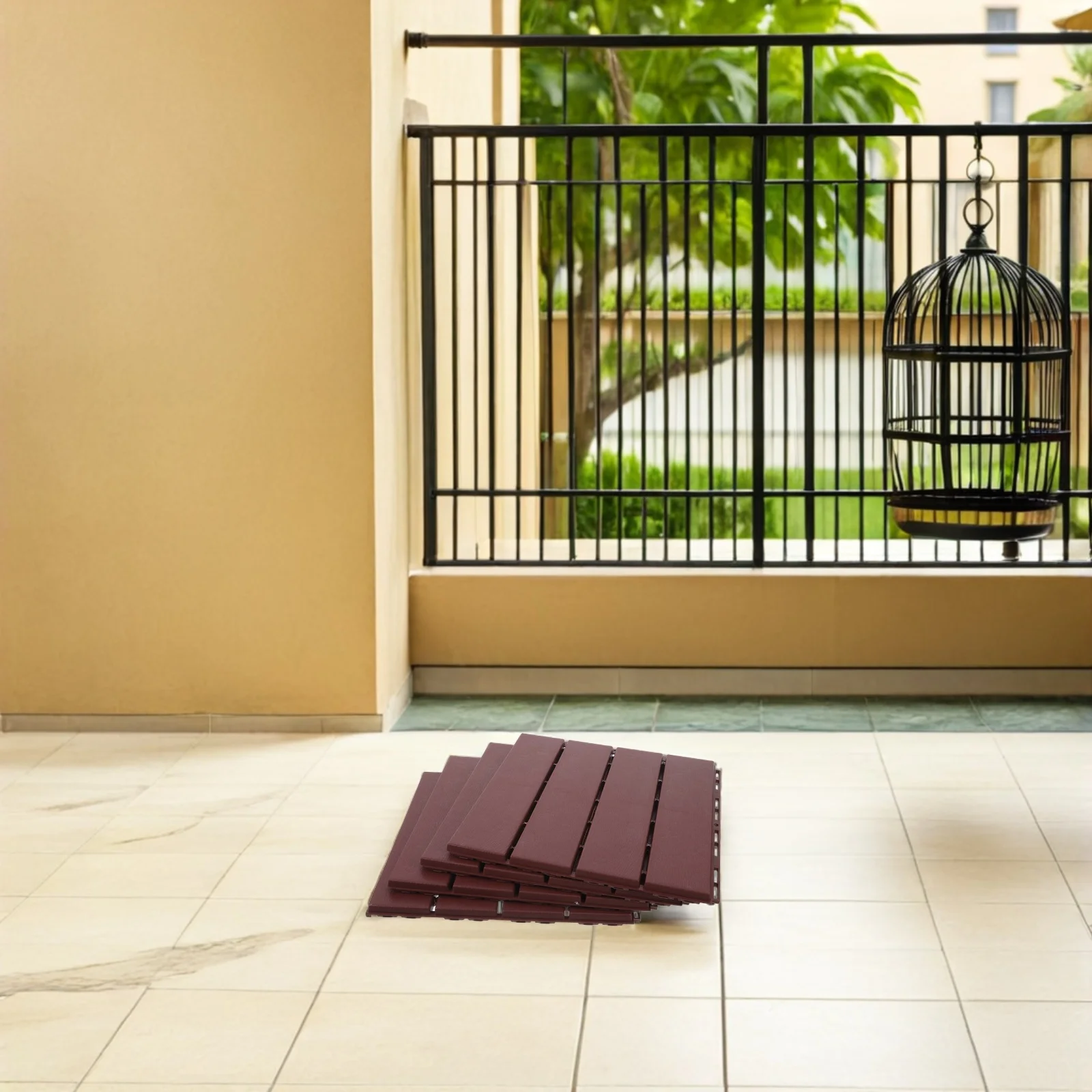 

4 шт. террасная плитка из древесно-полимерного композита, взаимосвязанная, для наружного применения, для сада, балкона, патио, двора, самоклеящаяся, пластиковая