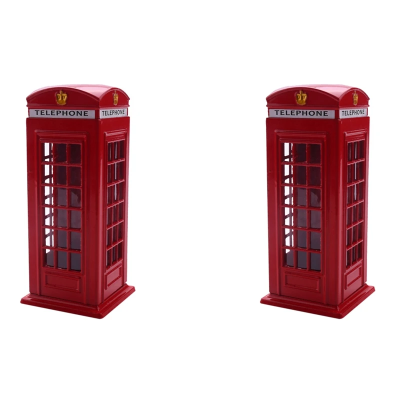 2X Metal Red British English London Telephone Booth Bank Coin Bank Saving Pot Piggy Bank Red Phone Booth Box 140X60x60mm