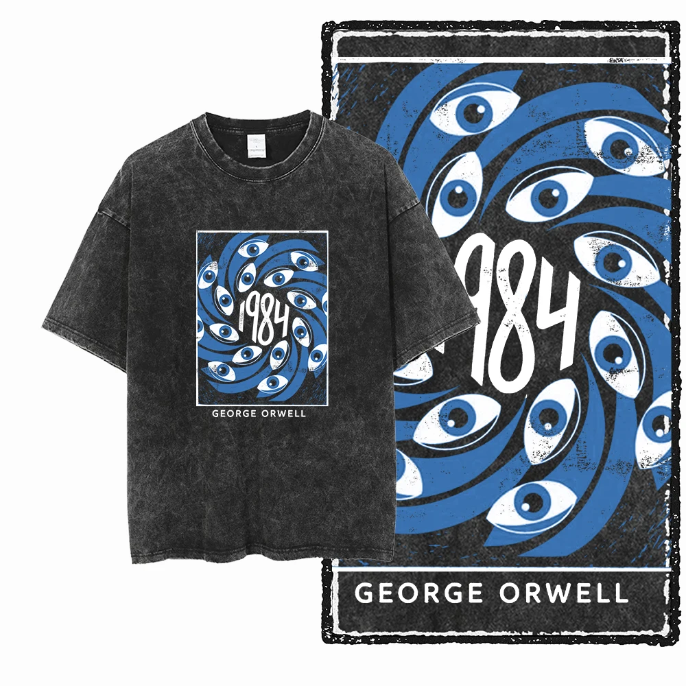 1984 Dystopian Graphic Tees, Vintage Washed Black Oversized Streetwear-Kollektion für Fans von Politik und Literatur