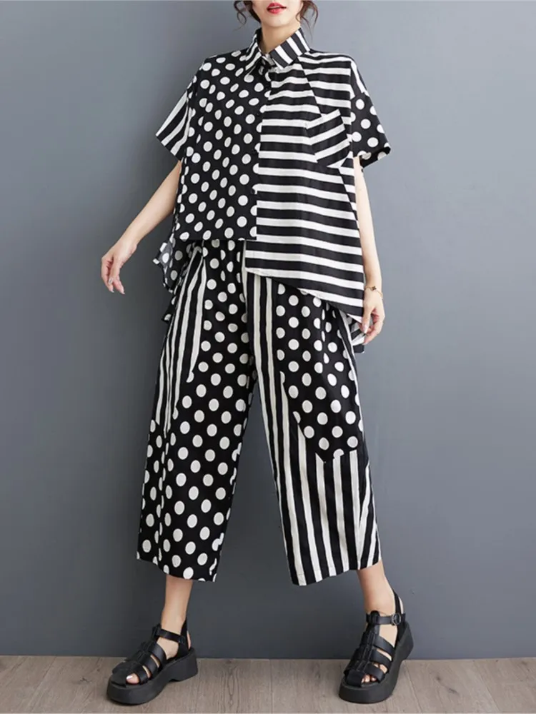 Oversized Polka Dot Striped Print Summer 2 Two Piece Set Women Irregular Pleated Fashion Ladies Shirts Wide Leg Loose Woman Pant