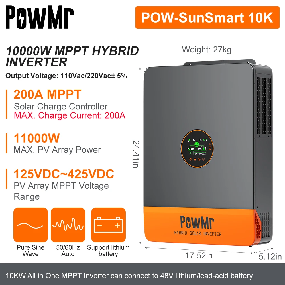 PowMr 10KW 48V Split Phase Inverter All in one Hybrid Solar Inversor 110/220VAC Output PV 500VDC With Dual MPPT 200A Tracker