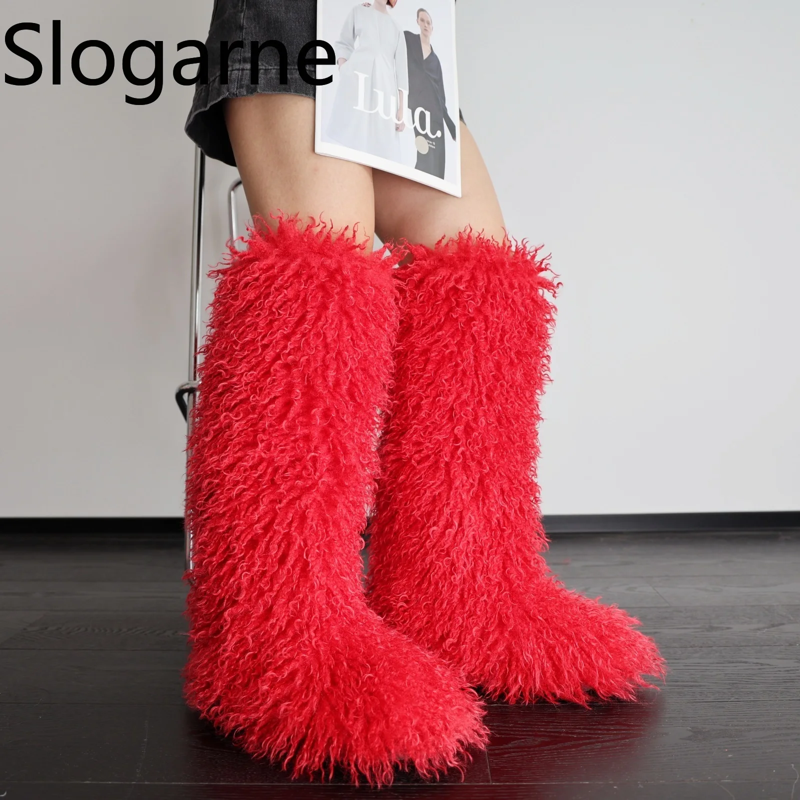 Luxury Winter Faux Fur Knee High Boots Women Wool High Tube Fur Snow Boots Fluffy Faux Mongolian Fur Platform Shoes Girls Boots - view 4